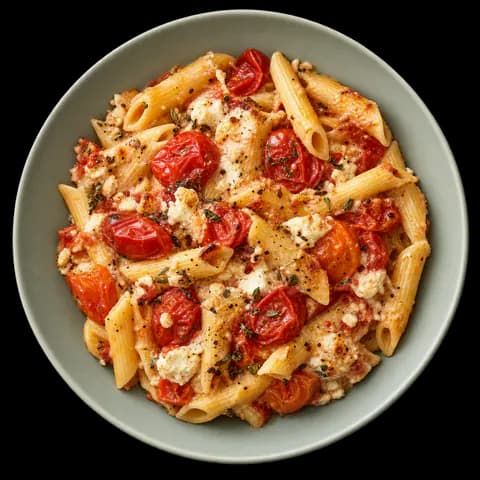 A bowl of penne with blistered roast cherry tomatoes and a crumble of white cheese