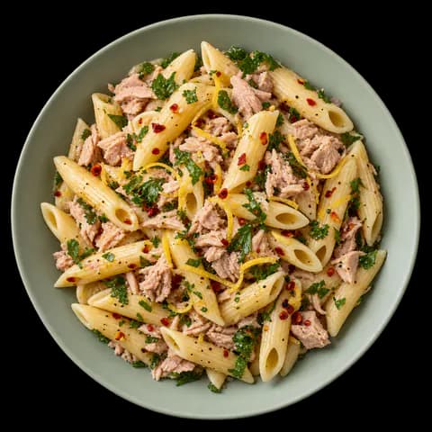 A bowl of penne with flaked tuna, parsley, lemon zest and chilli flakes