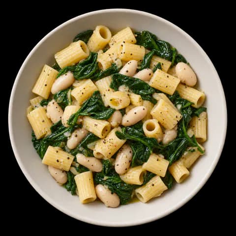 A bowl of rigatoni with white beans, wilted spinach and black pepper